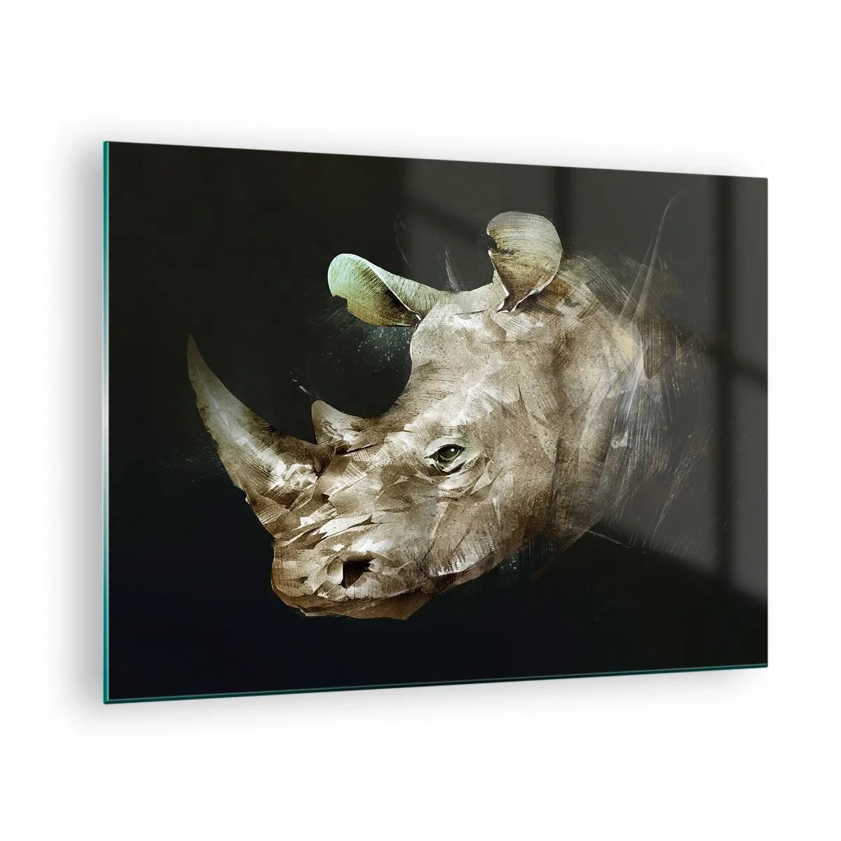 Quadro em vidro - Representação artística de uma cabeça de rinoceronte sobre fundo escuro - 70x50cm - Uma força verdadeiramente masculina - Decoração de parede moderna para a sala de estar e quarto ARTTOR