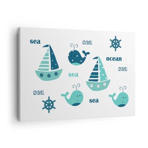 Quadro em tela - Motivos náuticos encantadores com baleias e veleiros - 70x50cm - Através dos mares e oceanos - Decoração de parede moderna para a sala de estar e quarto ARTTOR