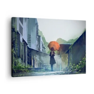 Quadro em tela - Uma figura com um guarda-chuva em uma cidade chuvosa - 70x50cm - Chuva revigorante - Decoração de parede moderna para a sala de estar e quarto ARTTOR