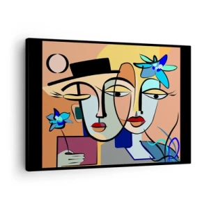Quadro em tela - Retratos cubistas em cores vibrantes com motivo floral - 70x50cm - O randez vous de Picasso - Decoração de parede moderna para a sala de estar e quarto ARTTOR