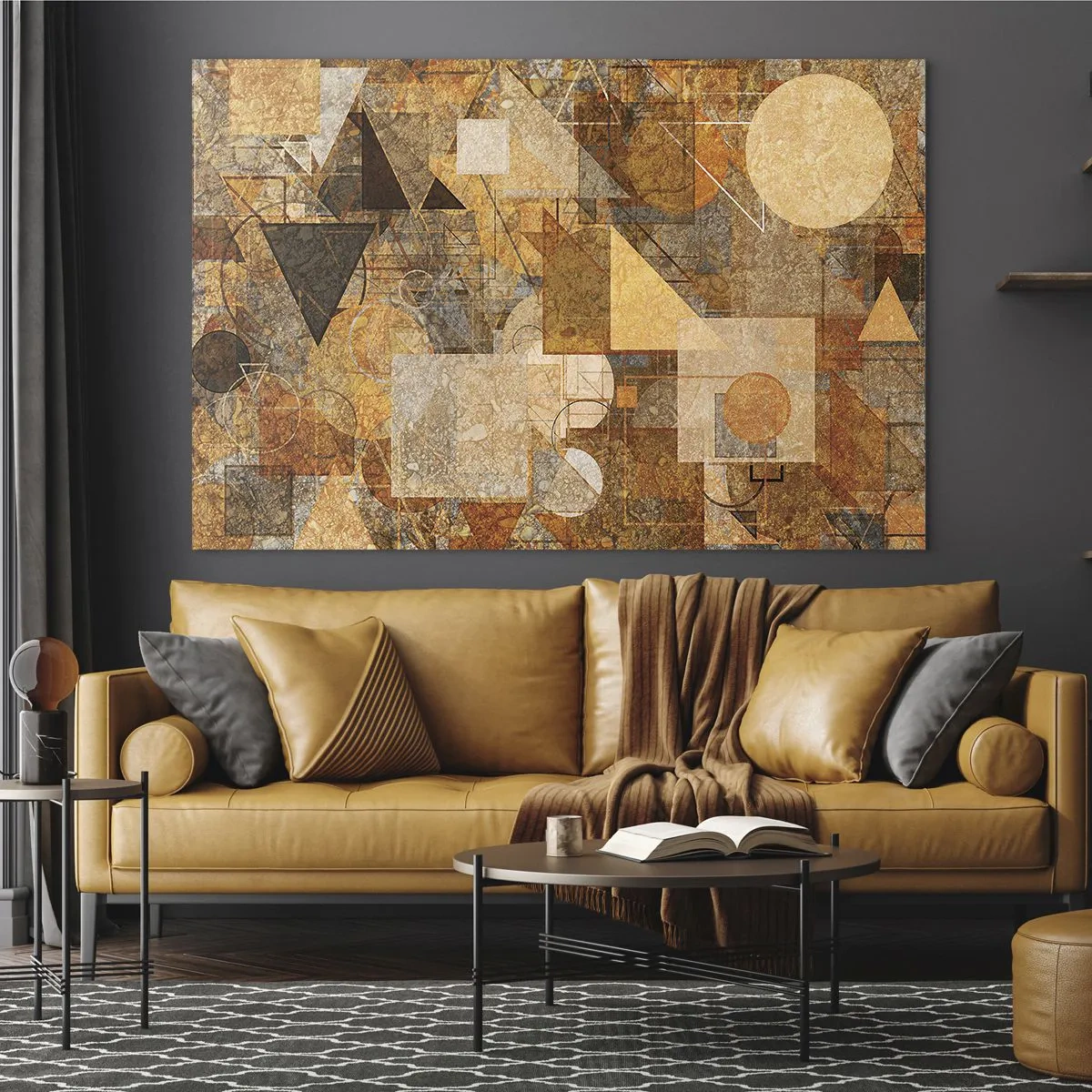 Quadro em vidro - Padrões geométricos abstratos em cores quentes - 70x50cm - Estudo Cubista em Bronze - Decoração de parede moderna para a sala de estar e quarto ARTTOR