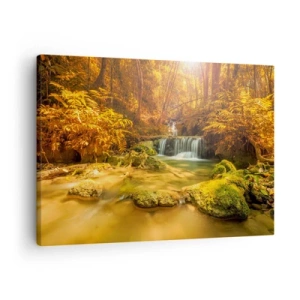 Quadro em tela - Uma cachoeira dourada em uma floresta de outono cercada por vegetação - 70x50cm - Cascata na floresta em ouro - Decoração de parede moderna para a sala de estar e quarto ARTTOR