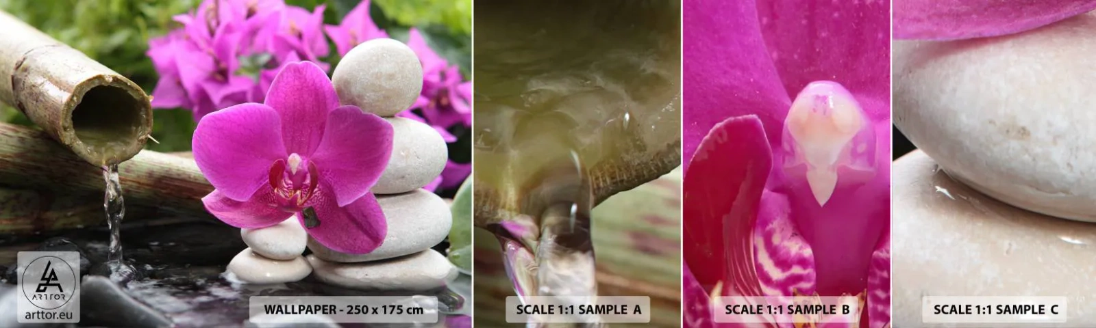 Amostra de Papel de Parede Standard Eco - Descanso imediato - Flores, Bambu, Orquídea - 100x30 cm