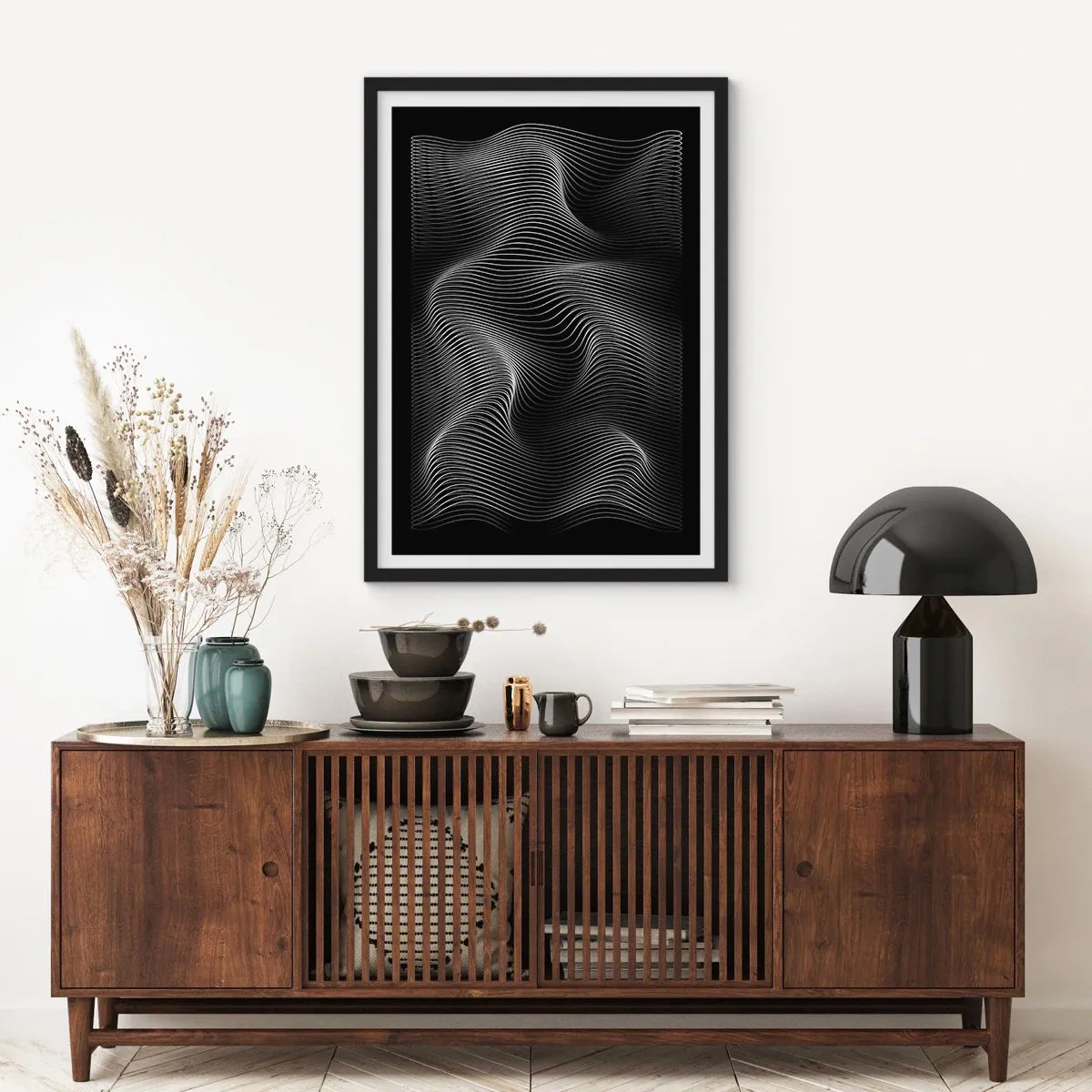 Pôster com moldura preta - Dança de luz no espaço - 70x100 cm