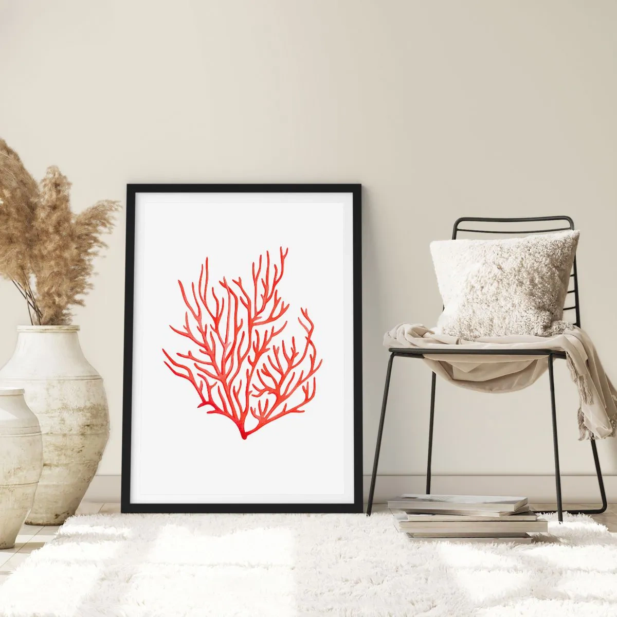 Pôster com moldura preta - Coral vermelho sobre fundo branco em estilo minimalista - 50x70cm - Filigrana coral - Decoração de parede moderna para a sala de estar e quarto ARTTOR