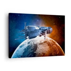 Quadro em tela - Uma nave espacial tendo como pano de fundo um planeta no espaço - 70x50cm - Observador atento - Decoração de parede moderna para a sala de estar e quarto ARTTOR