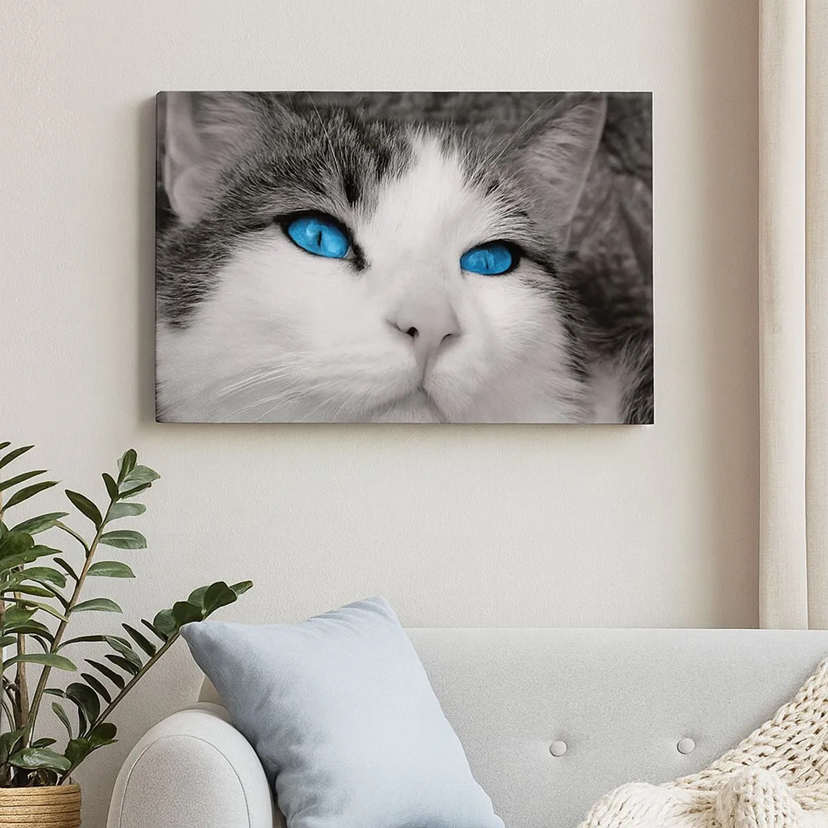 Quadro em tela - Retrato de um gato com olhos azuis em estilo preto e branco - 70x50cm - Raridade de olhos azuis - Decoração de parede moderna para a sala de estar e quarto ARTTOR