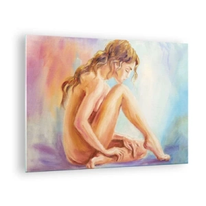 Quadro em vidro - Uma mulher em reflexo sutil contra um fundo de cores pastéis - 70x50cm - Ato de juventude - Decoração de parede moderna para a sala de estar e quarto ARTTOR