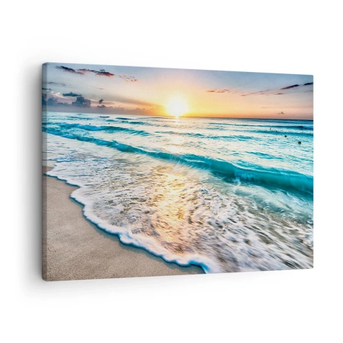 Quadro em tela - Nascer do sol sobre uma praia tranquila com ondas - 70x50cm - Uma visão que vale a pena - Decoração de parede moderna para a sala de estar e quarto ARTTOR