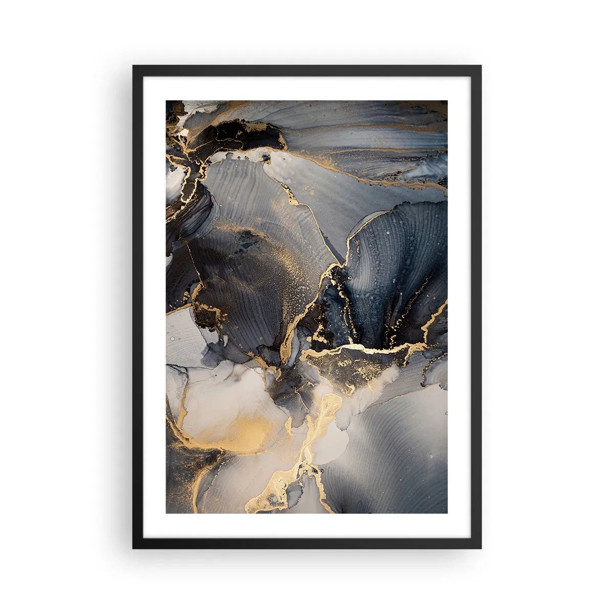 Pôster com moldura preta - Uma composição abstrata em tons escuros com detalhes dourados. - 50x70cm - A vida da pedra - Decoração de parede moderna para a sala de estar e quarto ARTTOR
