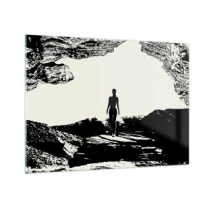 Quadro em vidro - Silhueta de uma mulher emergindo de uma caverna em gráficos em preto e branco - 70x50cm - Novo visual - Decoração de parede moderna para a sala de estar e quarto ARTTOR