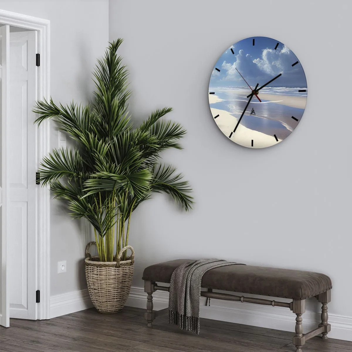 Relógio de parede - Relógio em vidro - Praia vazia sob o sol com céu azul e ondas - 30x30cm - Férias no paraíso - Decoração de parede moderna para a sala de estar, cozinha e quarto ARTTOR