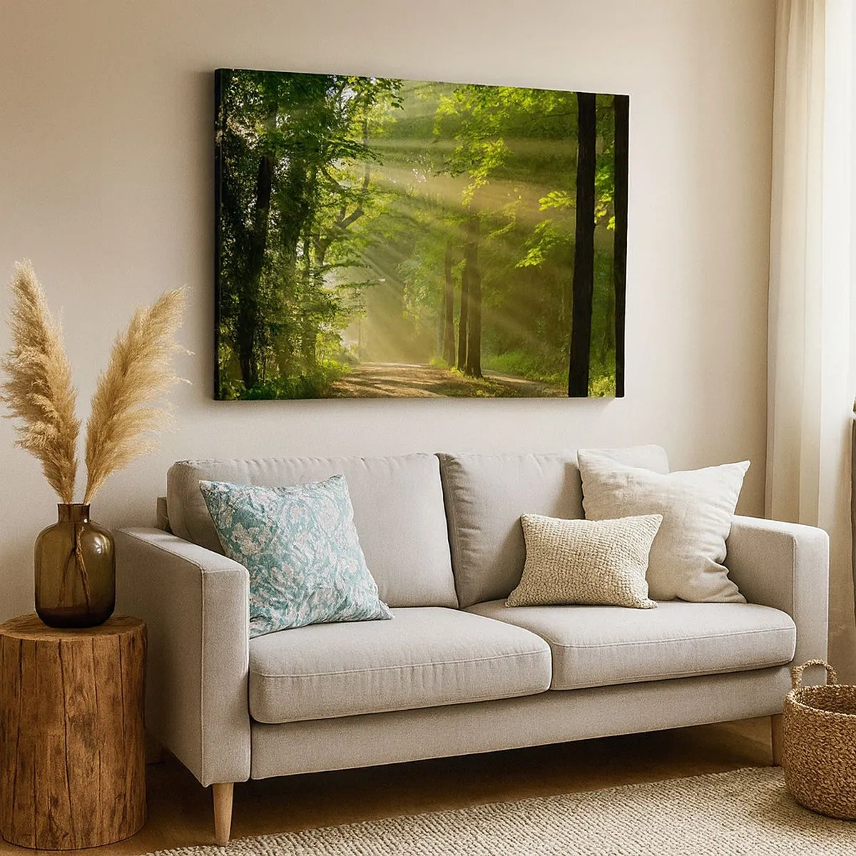 Quadro em tela - Caminho na floresta com raios de sol brilhando através das árvores - 70x50cm - Momento florestal - Decoração de parede moderna para a sala de estar e quarto ARTTOR