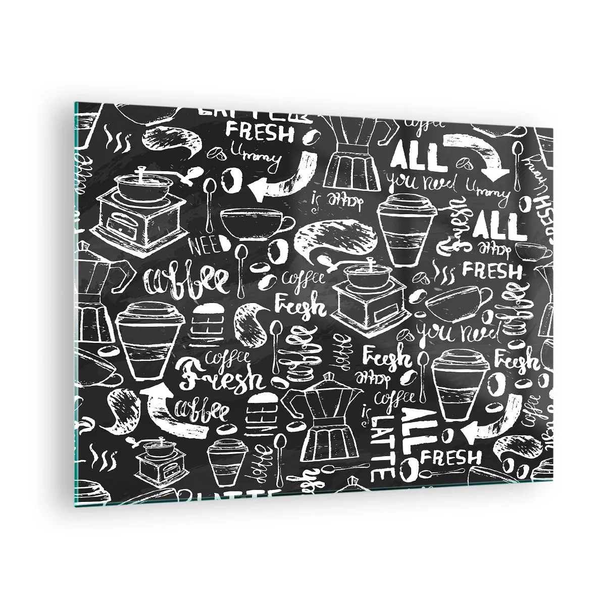 Quadro em vidro - Gráficos e letras de café em um fundo preto em estilo retrô - 70x50cm - Tudo o que precisa é... - Decoração de parede moderna para a sala de estar e quarto ARTTOR