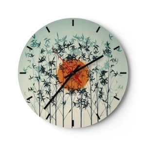 Relógio de parede - Relógio em vidro - Folhas de bambu contra o sol laranja e o céu brilhante - 30x30cm - Sol japonês - Decoração de parede moderna para a sala de estar, cozinha e quarto ARTTOR