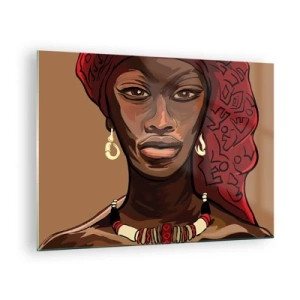 Quadro em vidro - Retrato estilizado de uma mulher com um turbante vermelho e joias. - 70x50cm - Vénus de Ébano - Decoração de parede moderna para a sala de estar e quarto ARTTOR