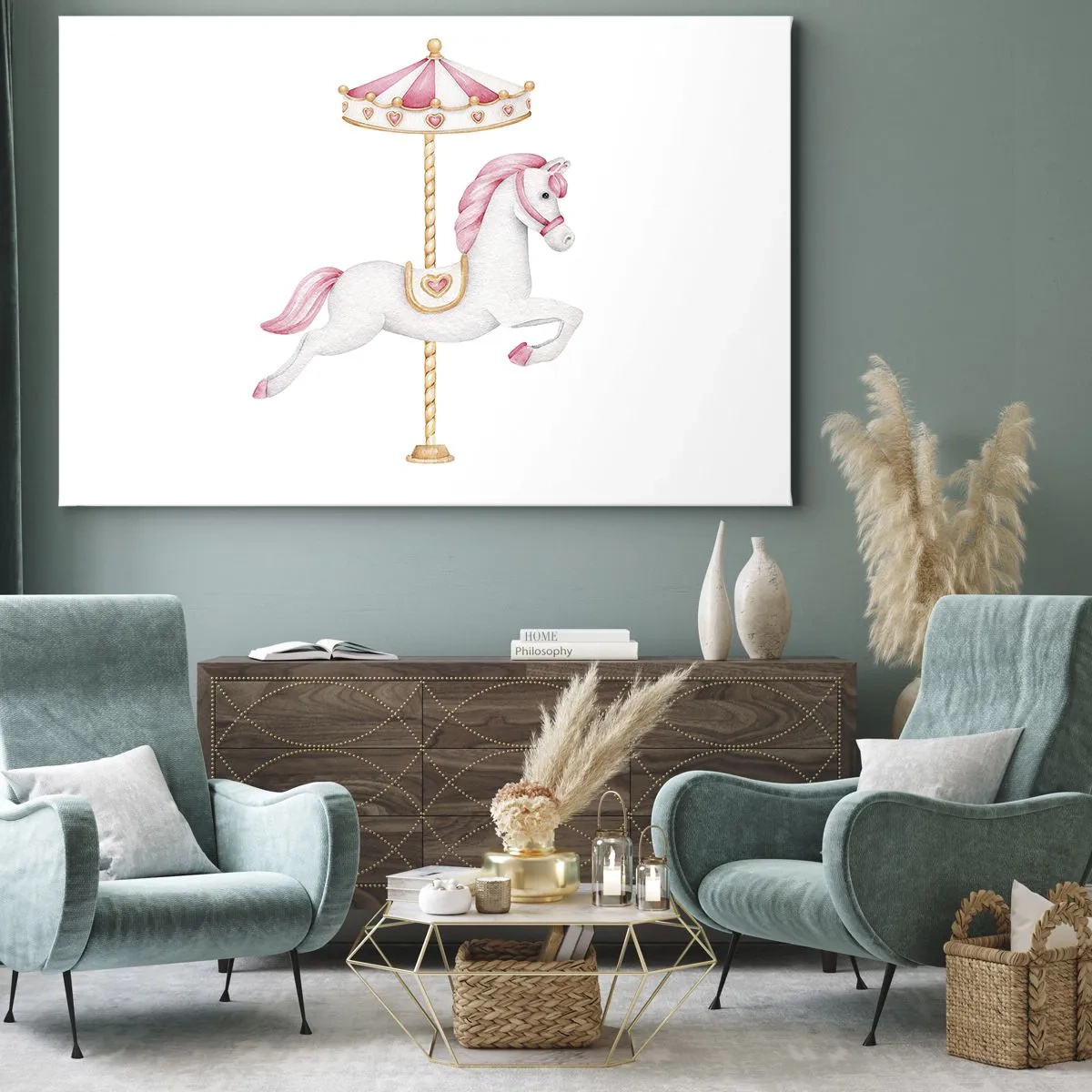 Quadro em tela - Um cavalo de carrossel em tons pastéis de rosa - 70x50cm - Caiu no chão - Decoração de parede moderna para a sala de estar e quarto ARTTOR