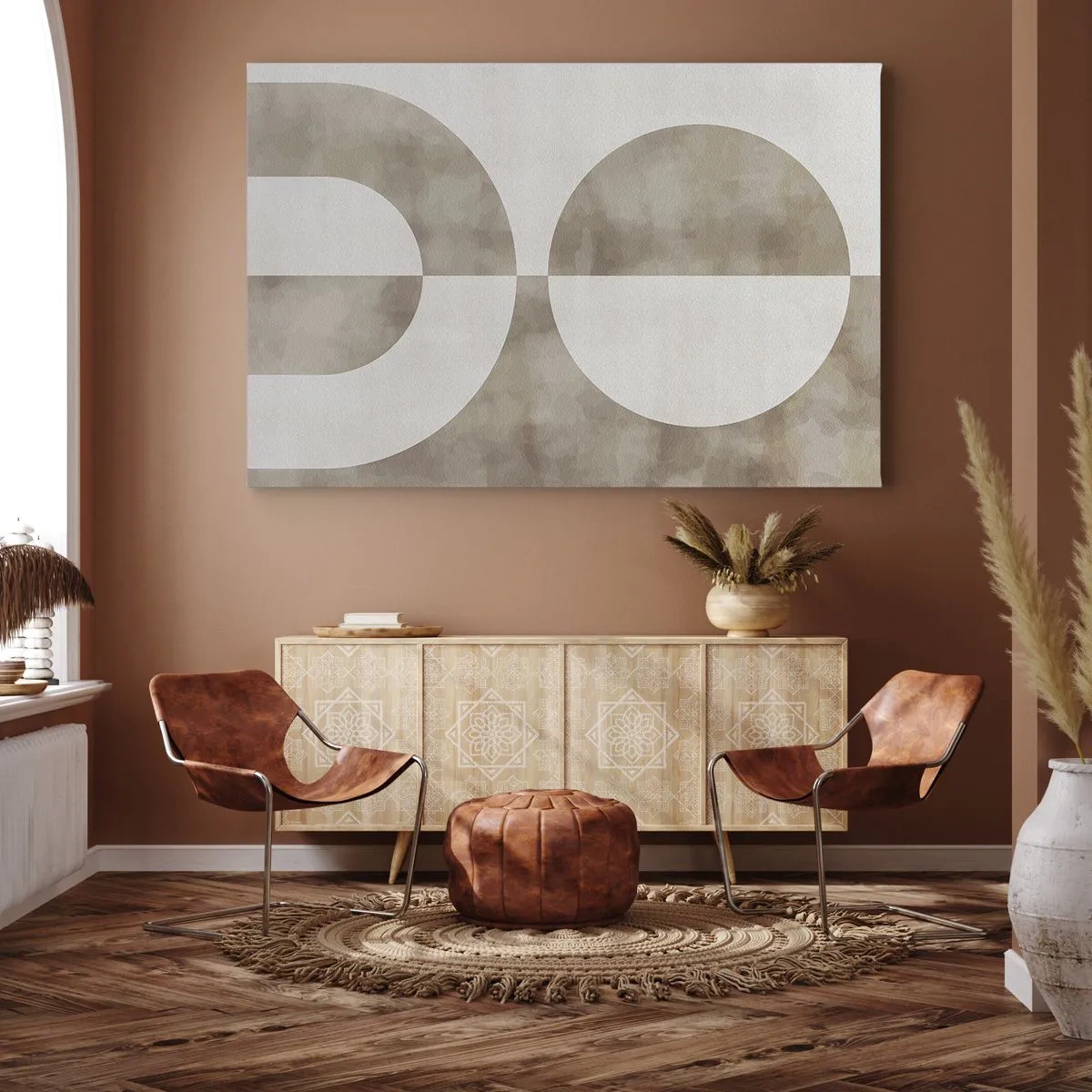 Quadro em tela - Uma pintura abstrata em tons de bege com formas geométricas e simetria. - 70x50cm - Semelhanças e diferenças - Decoração de parede moderna para a sala de estar e quarto ARTTOR