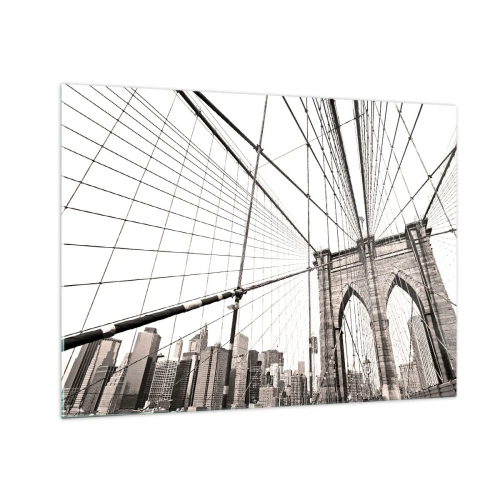 Quadro em vidro - Uma ponte suspensa com um panorama da cidade ao fundo em sépia - 70x50cm - Catedral de Nova York - Decoração de parede moderna para a sala de estar e quarto ARTTOR