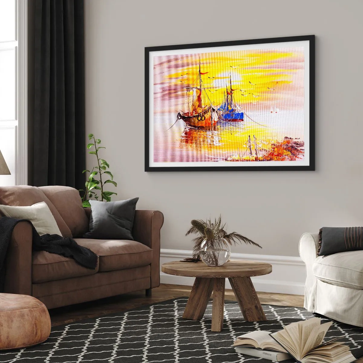 Pôster com moldura preta - Um merecido descanso no porto - 70x50 cm