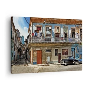 Quadro em tela - Casas coloridas e um carro clássico na paisagem urbana - 70x50cm - Vibrações de Havana - Decoração de parede moderna para a sala de estar e quarto ARTTOR