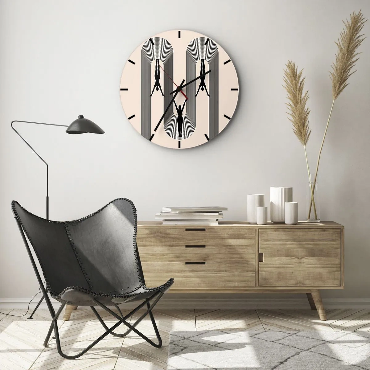 Relógio de parede - Relógio em vidro - Silhuetas negras de figuras em movimento entre arcos geométricos - 30x30cm - De cabeça para baixo - Decoração de parede moderna para a sala de estar, cozinha e quarto ARTTOR