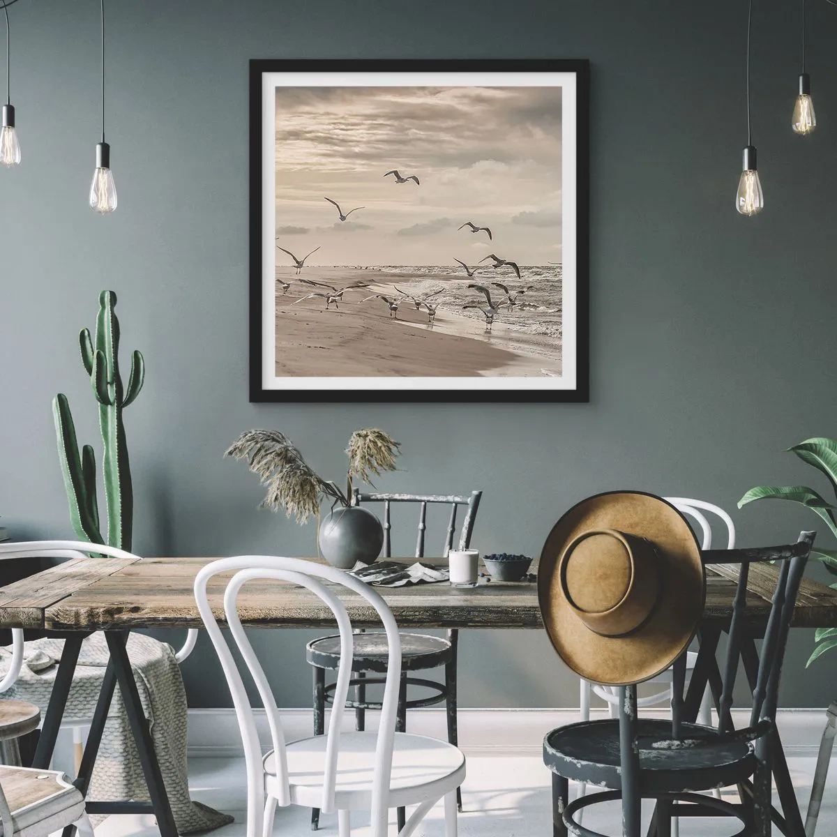 Pôster com moldura preta - O som do mar, o canto dos pássaros - 30x30 cm