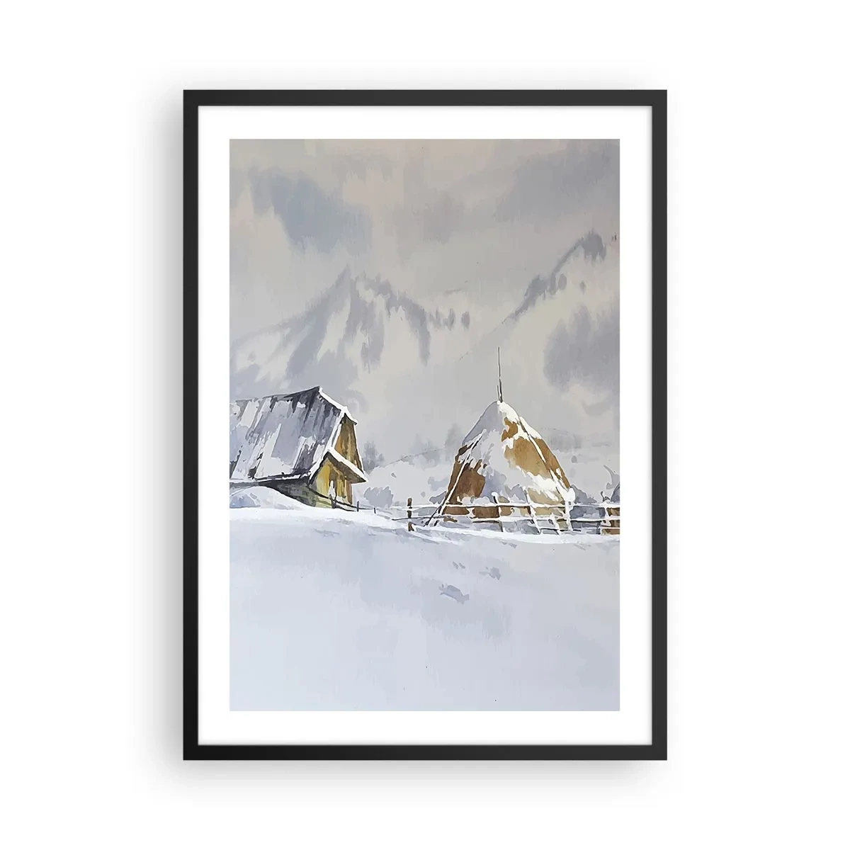 Pôster com moldura preta - Paisagem de inverno com uma casa de campo e um palheiro nas montanhas - 50x70cm - No vale nevado - Decoração de parede moderna para a sala de estar e quarto ARTTOR