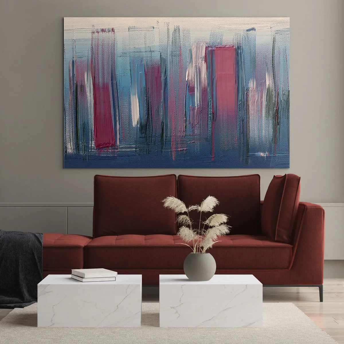 Quadro em vidro - Pinceladas verticais em vermelho e azul sobre fundo bege - 70x50cm - Composição vertical em azul e vermelho - Decoração de parede moderna para a sala de estar e quarto ARTTOR