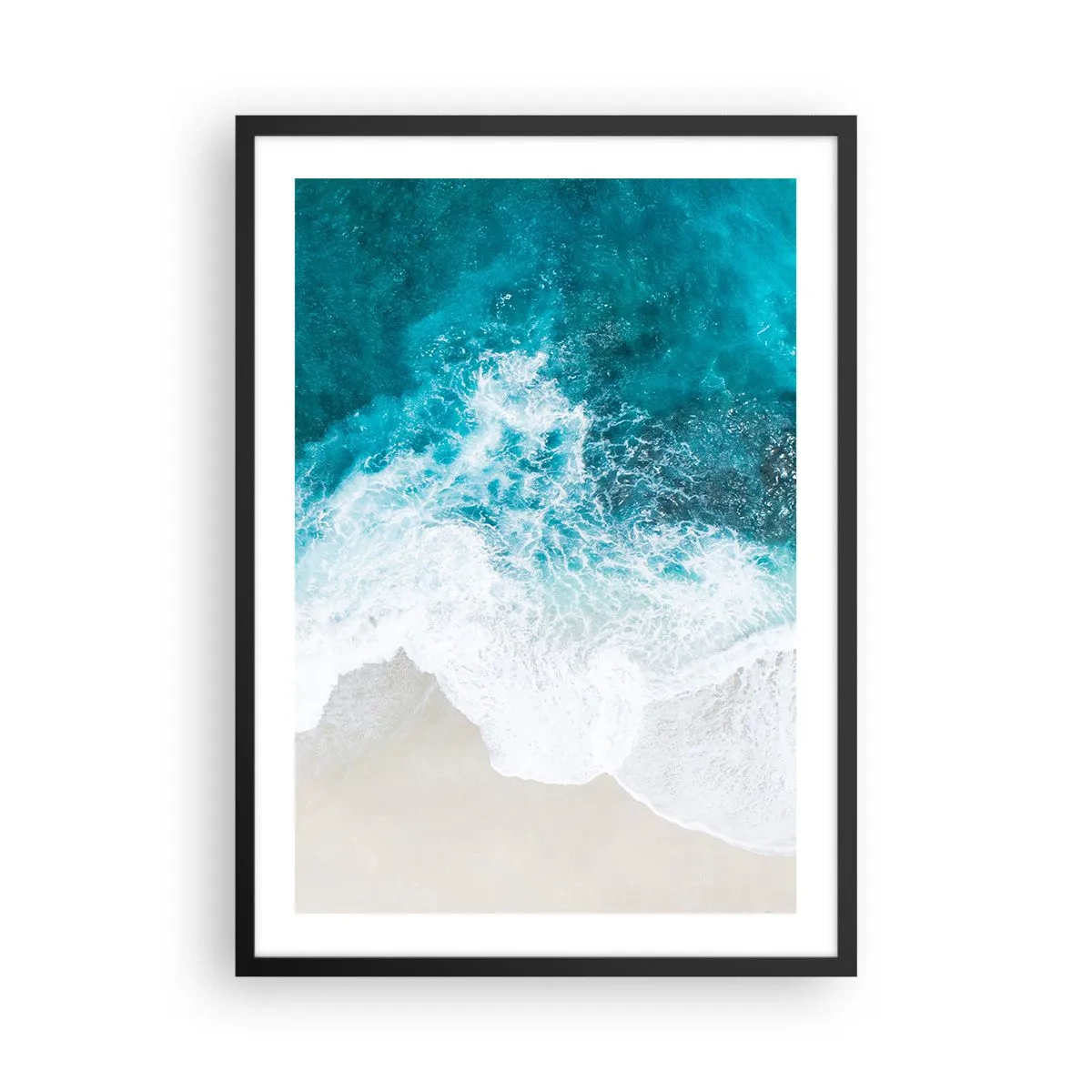 Pôster com moldura preta - Vista aérea de ondas turquesa quebrando em uma praia de areia - 50x70cm - Carícia natural - Decoração de parede moderna para a sala de estar e quarto ARTTOR