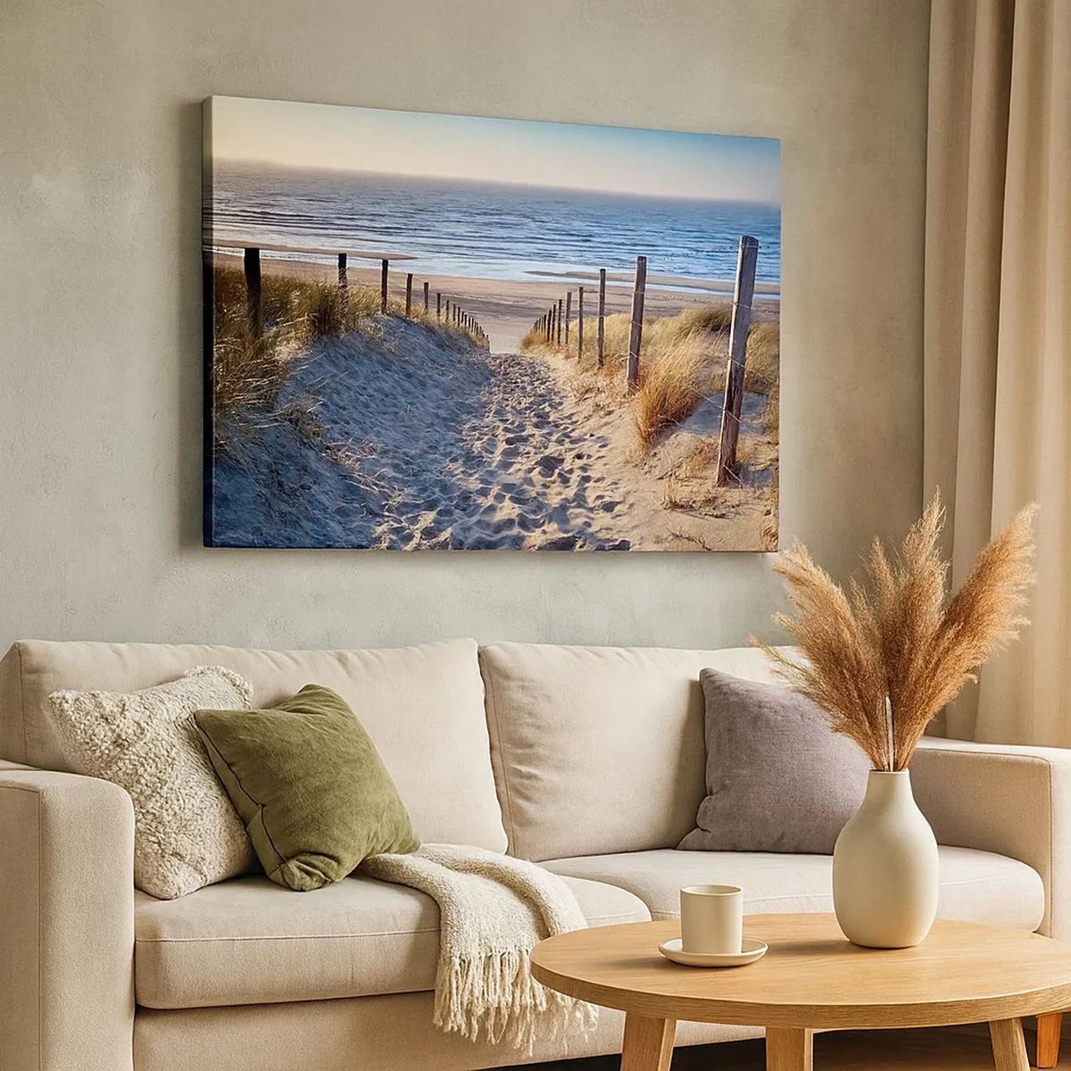 Quadro em tela - Caminho pelas dunas que leva à praia - 70x50cm - O som do mar, o canto dos pássaros, a praia selvagem entre a relva... - Decoração de parede moderna para a sala de estar e quarto ARTTOR