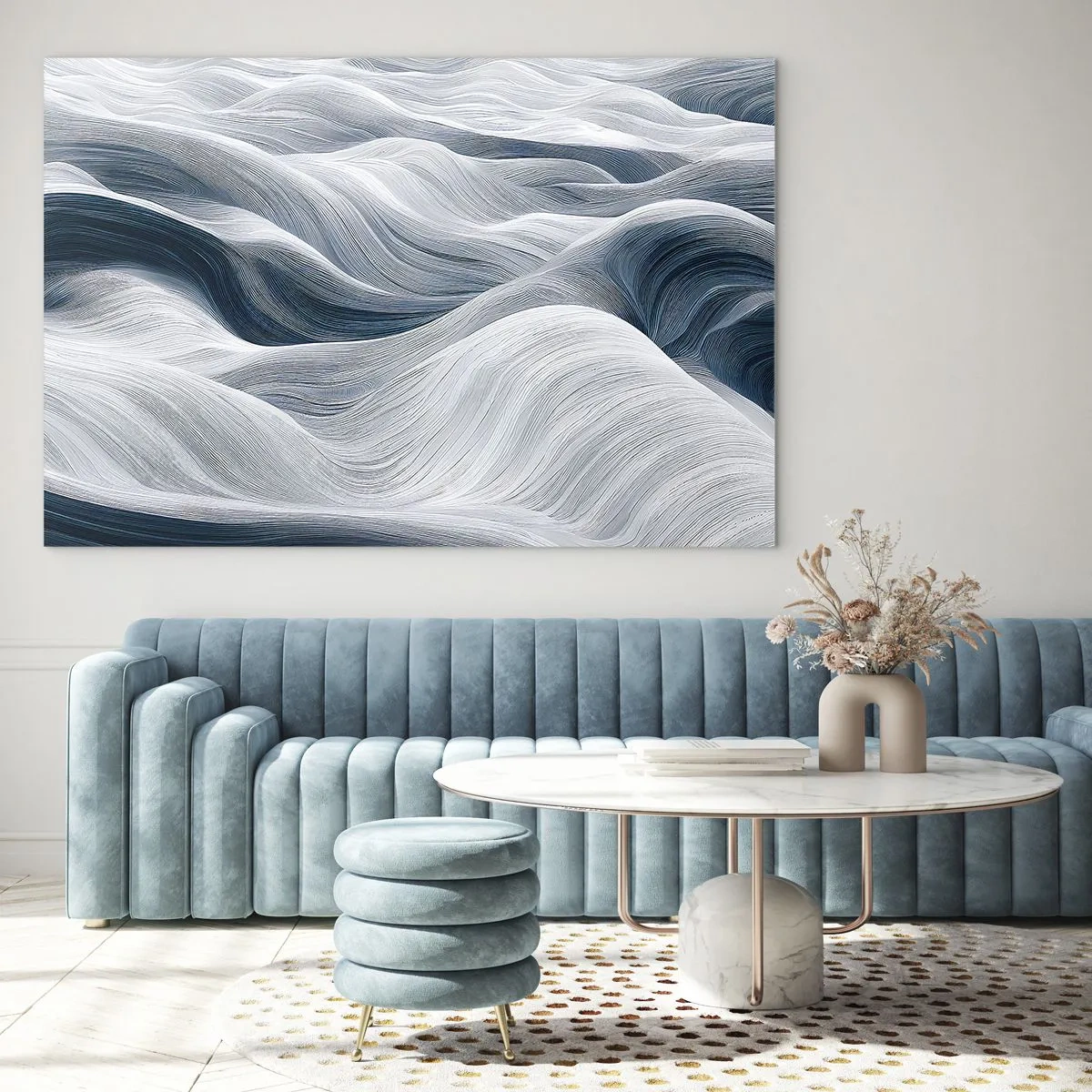 Quadro em vidro - Ondas abstratas em tons de branco e azul criando um efeito de movimento - 70x50cm - Ondas brancas e azuis - Decoração de parede moderna para a sala de estar e quarto ARTTOR