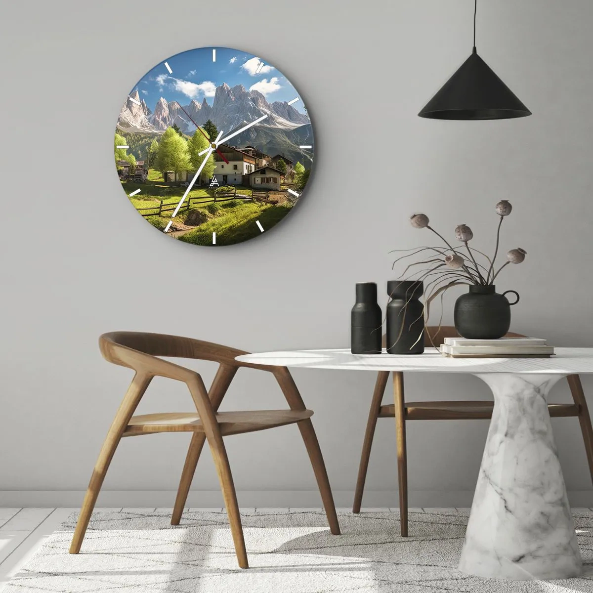 Relógio de parede - Relógio em vidro - Um assentamento rural no sopé das montanhas em um dia ensolarado - 30x30cm - Idílio alpino - Decoração de parede moderna para a sala de estar, cozinha e quarto ARTTOR