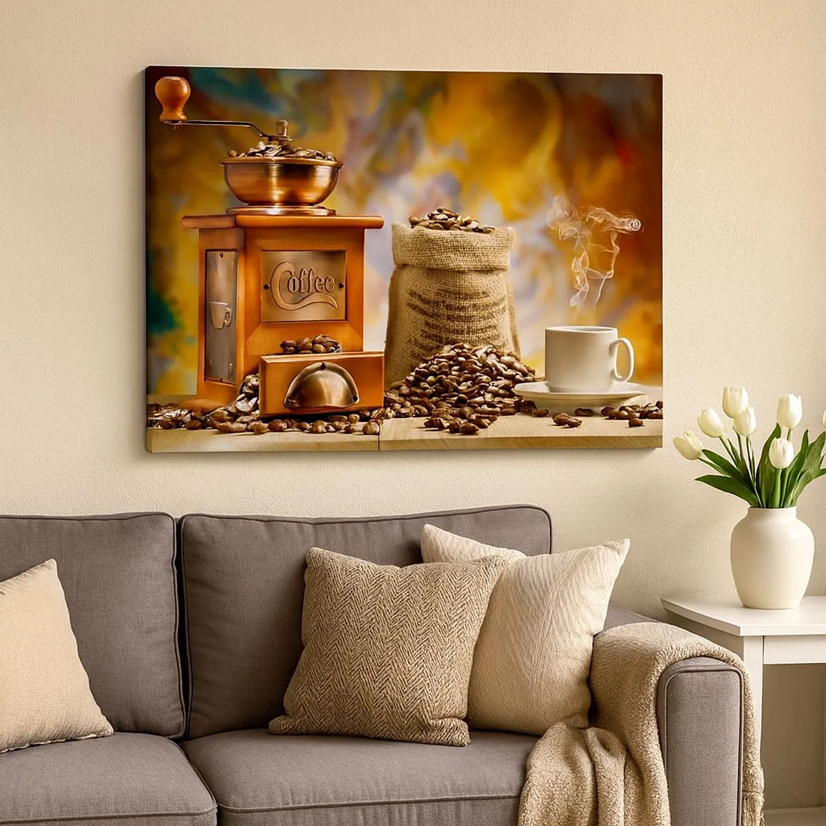 Quadro em tela - Moedor de café com grãos e uma xícara ao fundo - 70x50cm - A trituração do grão, o ruído do moedor - Decoração de parede moderna para a sala de estar e quarto ARTTOR