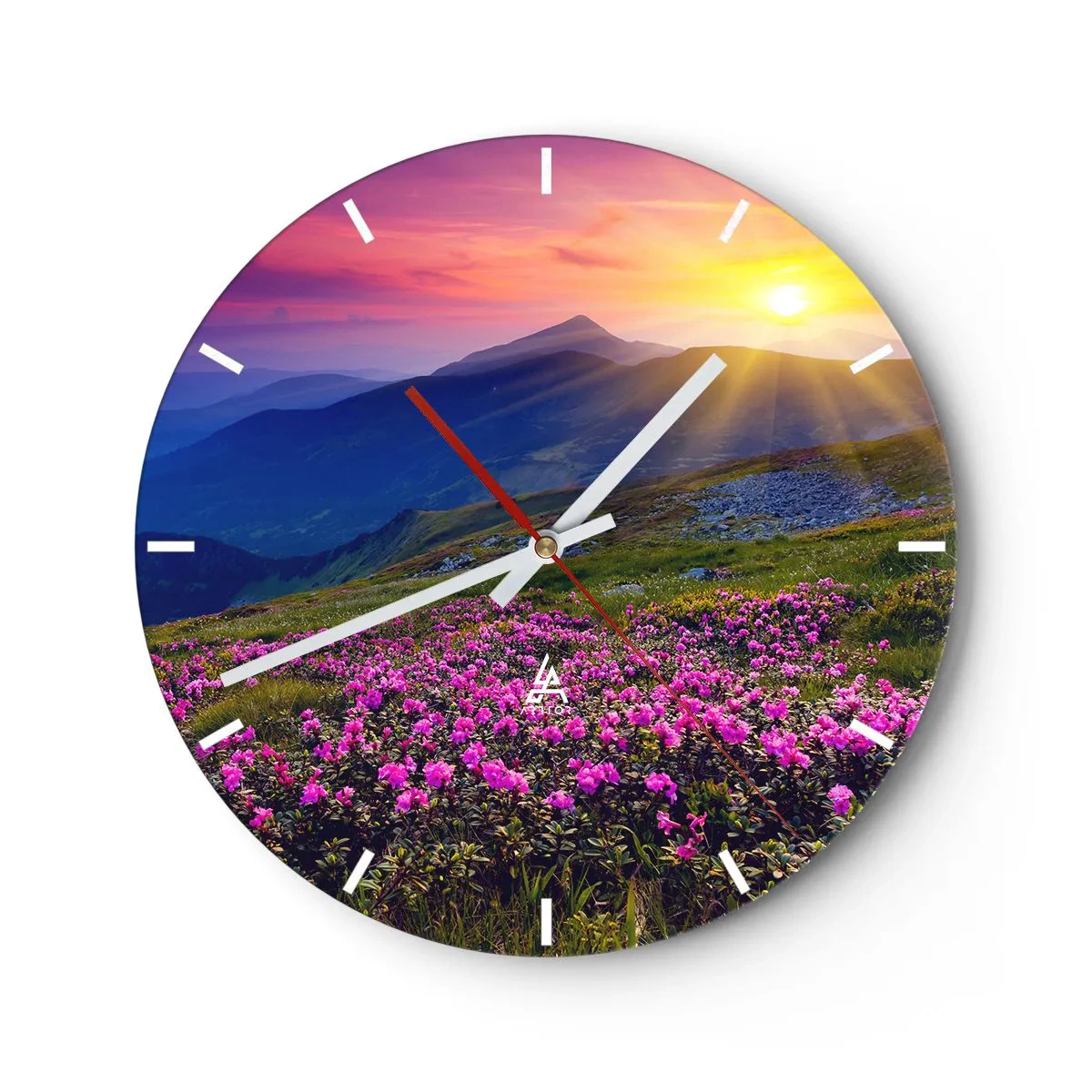 Relógio de parede - Relógio em vidro - Paisagem montanhosa ao pôr do sol com flores desabrochando - 30x30cm - …Cheiro de pinheiros e ervas da montanha - Decoração de parede moderna para a sala de estar, cozinha e quarto ARTTOR