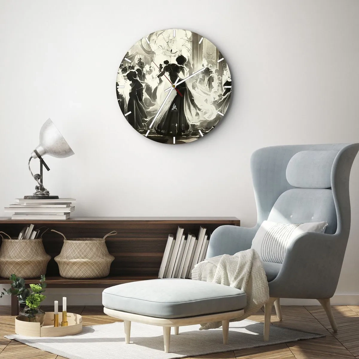 Relógio de parede - Relógio em vidro - Figuras mascaradas dançando em um interior elegante - 30x30cm - O grande baile de máscaras - Decoração de parede moderna para a sala de estar, cozinha e quarto ARTTOR