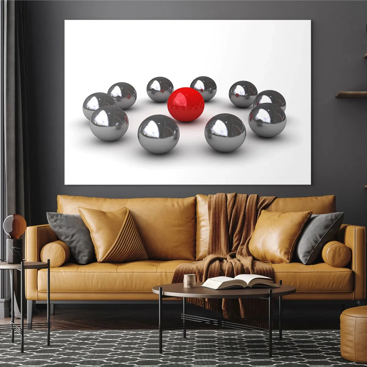 Quadro em vidro - Uma bola vermelha rodeada de prata sobre um fundo branco - 70x50cm - Círculo em prata e vermelho - Decoração de parede moderna para a sala de estar e quarto ARTTOR