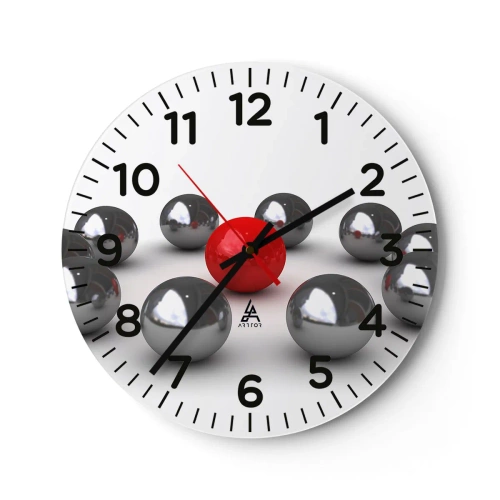 Relógio de parede - Relógio em vidro - Círculo em prata e vermelho - 30x30 cm