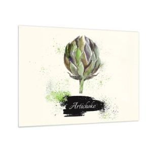Quadro em vidro - Gráfico de alcachofra em aquarela com a palavra Alcachofra escrita nele - 70x50cm - Viva os vegetais! - Decoração de parede moderna para a sala de estar e quarto ARTTOR