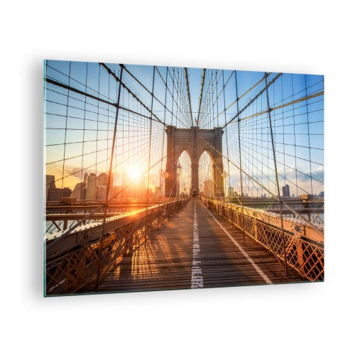 Quadro em vidro - Pôr do sol na Ponte do Brooklyn em Nova York - 70x50cm - Na Ponte Dourada - Decoração de parede moderna para a sala de estar e quarto ARTTOR