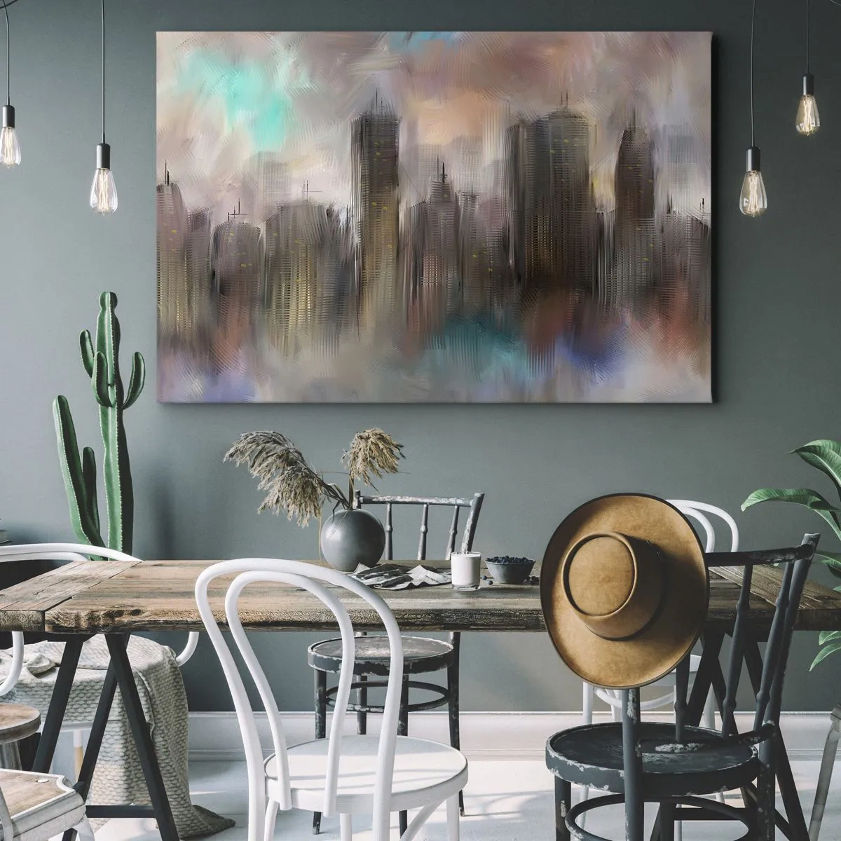 Quadro em tela - Uma visão artística de uma paisagem urbana com arranha-céus em cores pastel. - 70x50cm - Composição de aço, pedra e névoa - Decoração de parede moderna para a sala de estar e quarto ARTTOR