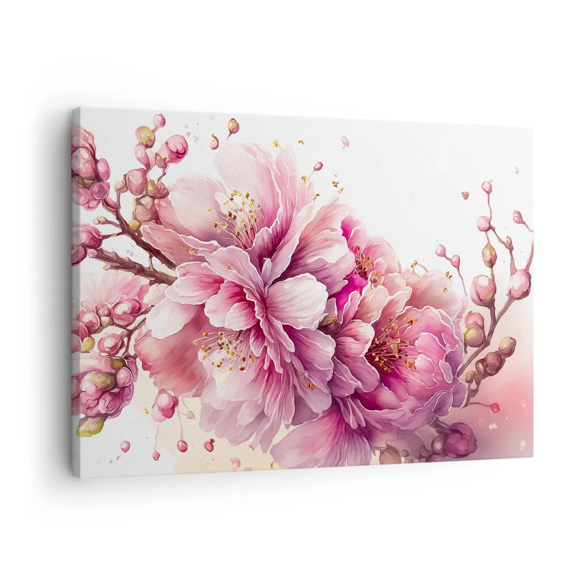 Quadro em tela - Delicadas flores de cerejeira em plena floração contra um fundo claro - 70x50cm - Flor de cerejeira - Decoração de parede moderna para a sala de estar e quarto ARTTOR