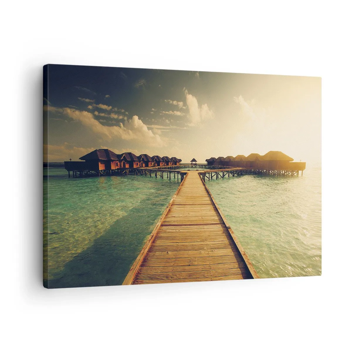 Quadro em tela - Um cais de madeira que leva às casas na água, iluminadas pelos raios de sol. - 70x50cm - Um convite caloroso - Decoração de parede moderna para a sala de estar e quarto ARTTOR