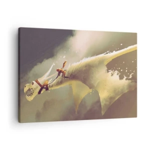 Quadro em tela - Ilustração de um cavaleiro de dragão em uma paisagem de nuvens fantástica - 70x50cm - A resgatar o mundo - Decoração de parede moderna para a sala de estar e quarto ARTTOR