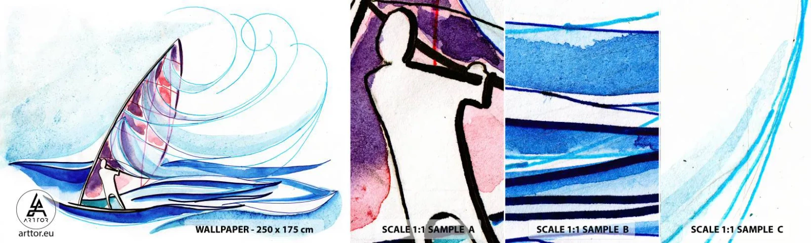 Amostra de papel de parede autocolante Deluxe Sticker - Com o vento no ritmo das ondas - Windsurf, Esporte, Mar - 100x30 cm