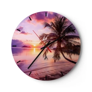 Relógio de parede - Relógio em vidro - Palmeira na praia ao pôr do sol - 30x30cm - Felicidade no horizonte - Decoração de parede moderna para a sala de estar, cozinha e quarto ARTTOR