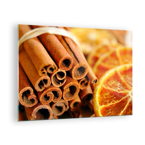 Quadro em vidro - Close-up de paus de canela e fatias de laranja secas - 70x50cm - Sente o cheiro? - Decoração de parede moderna para a sala de estar e quarto ARTTOR