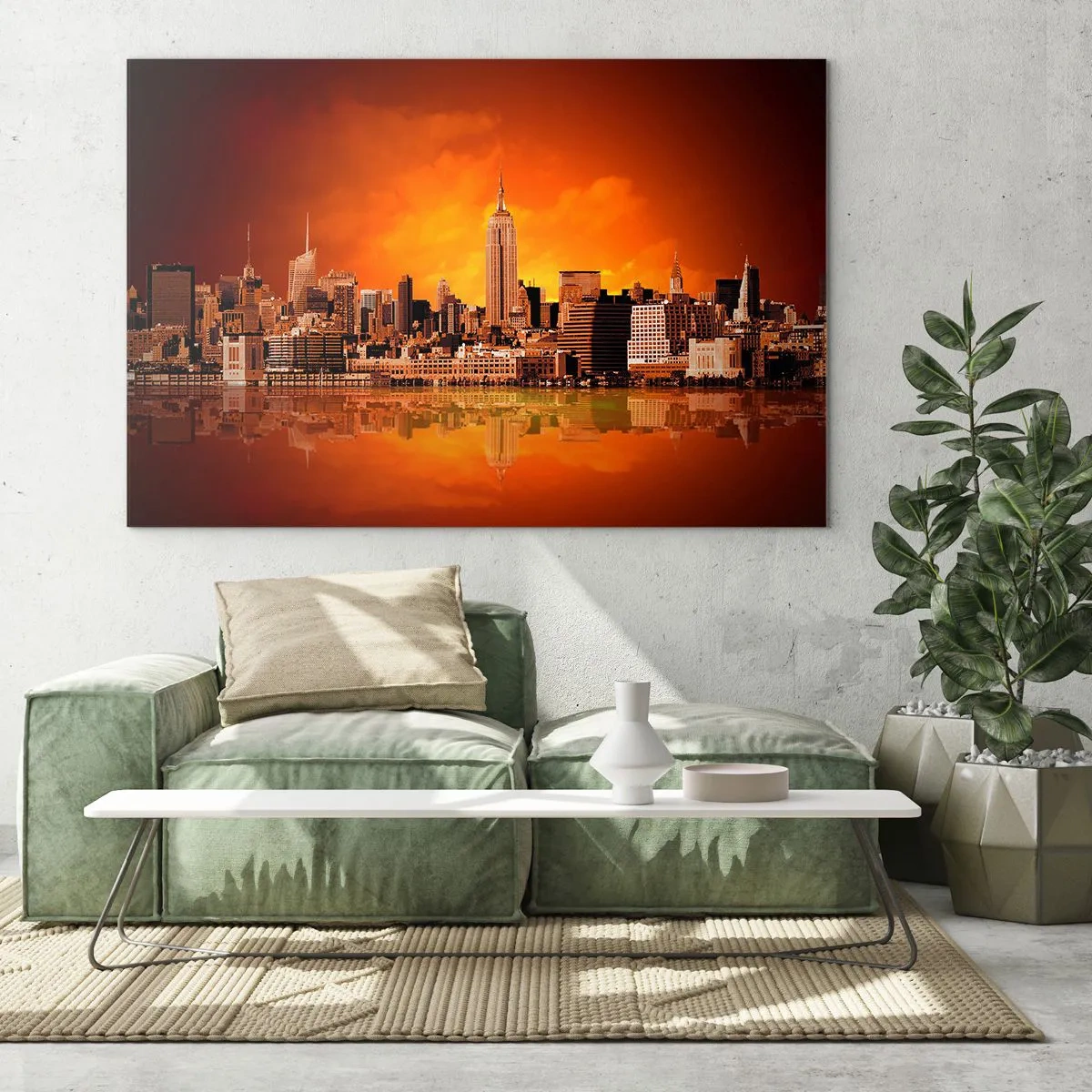 Quadro em vidro - Panorama da cidade ao pôr do sol - 70x50cm - Panorama metropolitano em amarelo e bronze - Decoração de parede moderna para a sala de estar e quarto ARTTOR