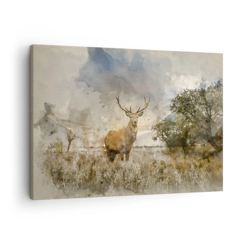 Quadro em tela - Um cervo em um ambiente natural em estilo aquarela - 70x50cm - Dignidade - força - dignidade - Decoração de parede moderna para a sala de estar e quarto ARTTOR