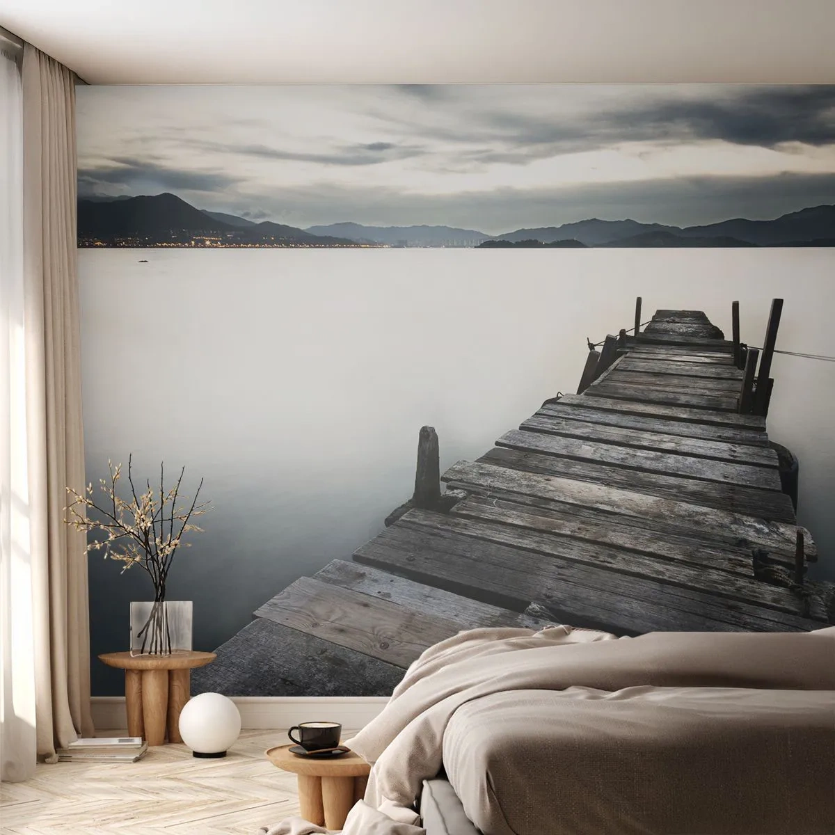 Papel de Parede Premium Sand - Mergulhar em paz - Paisagem, Lago, Ponte de madeira - 400x280 cm